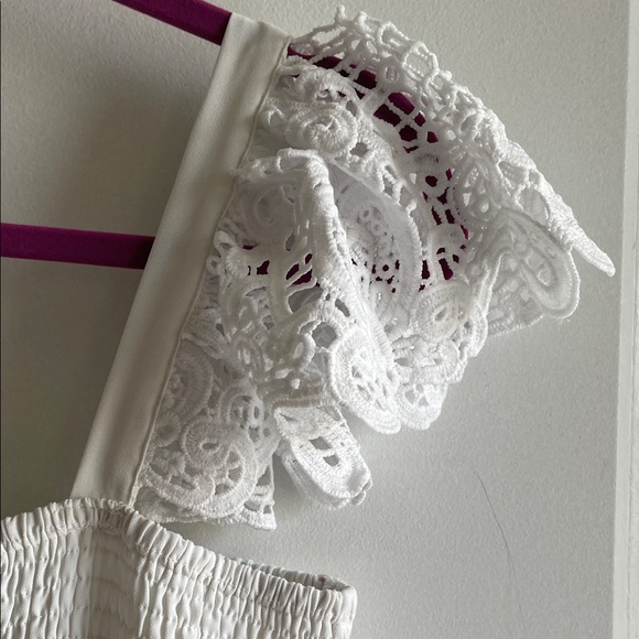 White Maxi Dress with lace, smocked, flutter sleeve pockets - Picture 10 of 16